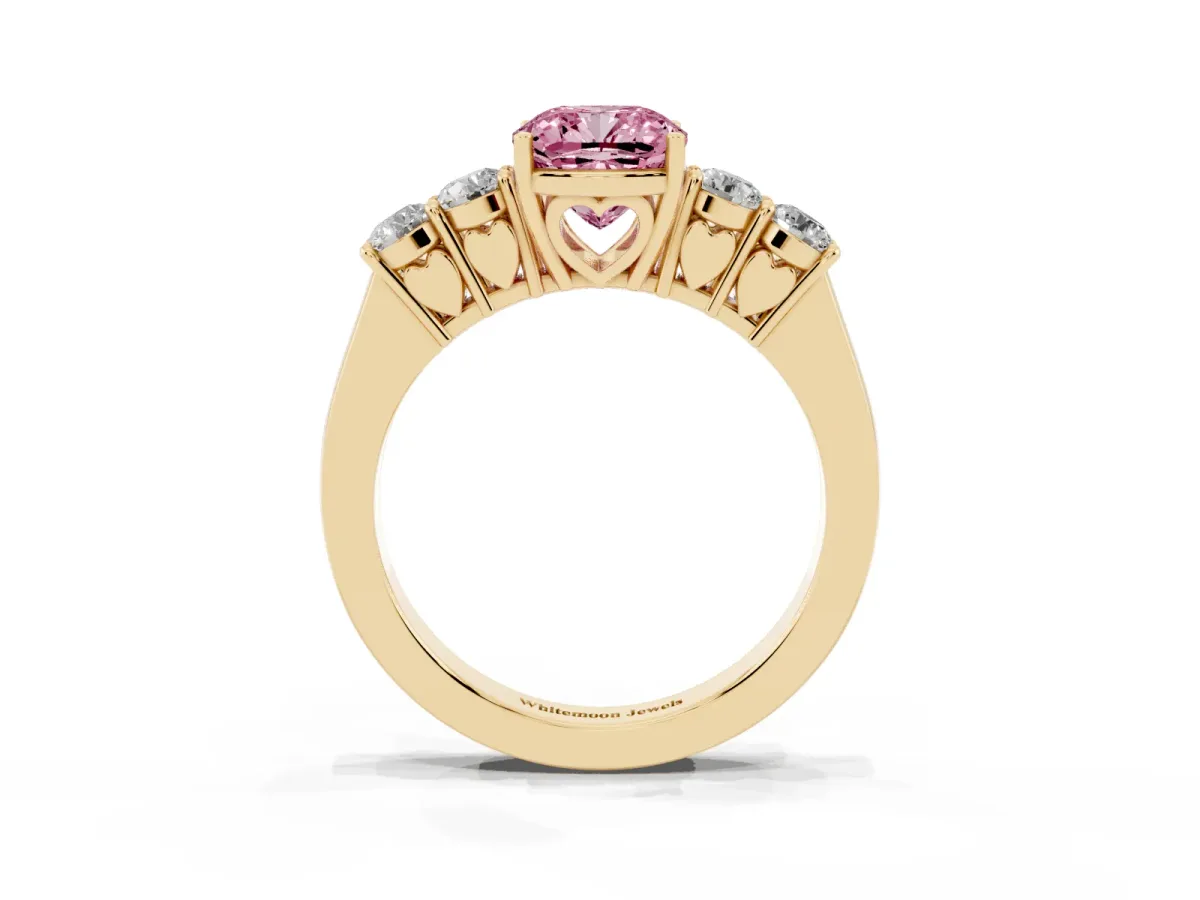 Fancy Pink Cushion Cut Cut Diamond Five-Stone Prong Set White Gold Ring Yellow gold