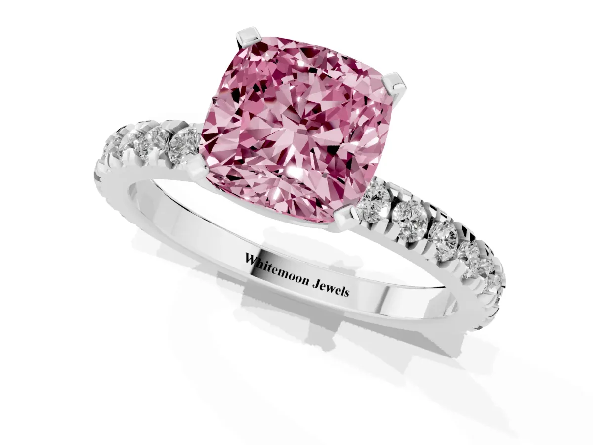 Fancy Pink Cushion Cut Diamond Pavé Band Solitaire with Four-Prong Setting Silver