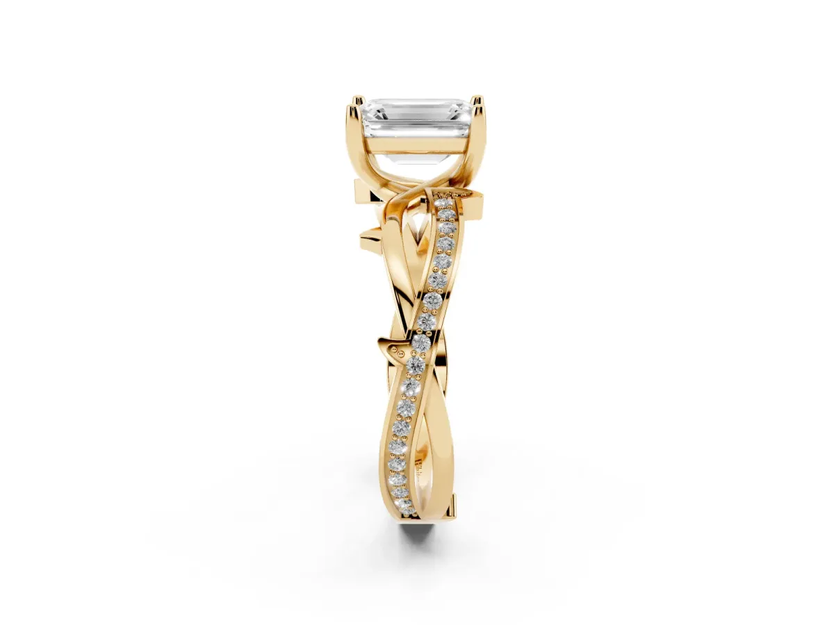 Emerald Cut Solitaire Twist Band with Pavé Accents and Four-Prong Setting Yellow gold