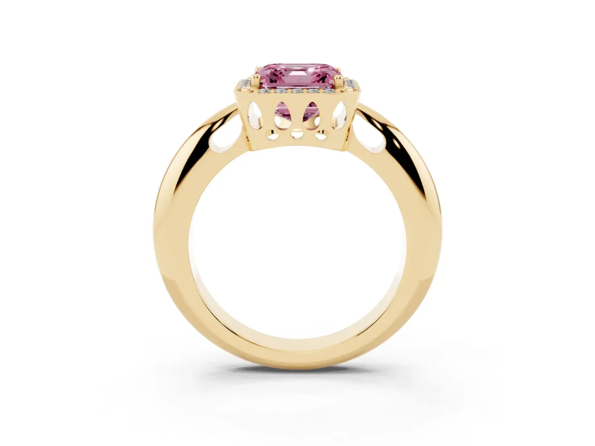 Fancy Pink Asscher Cut Cut Diamond Halo Engagement Ring with Split Shank and Four-Prong Setting Yellow gold