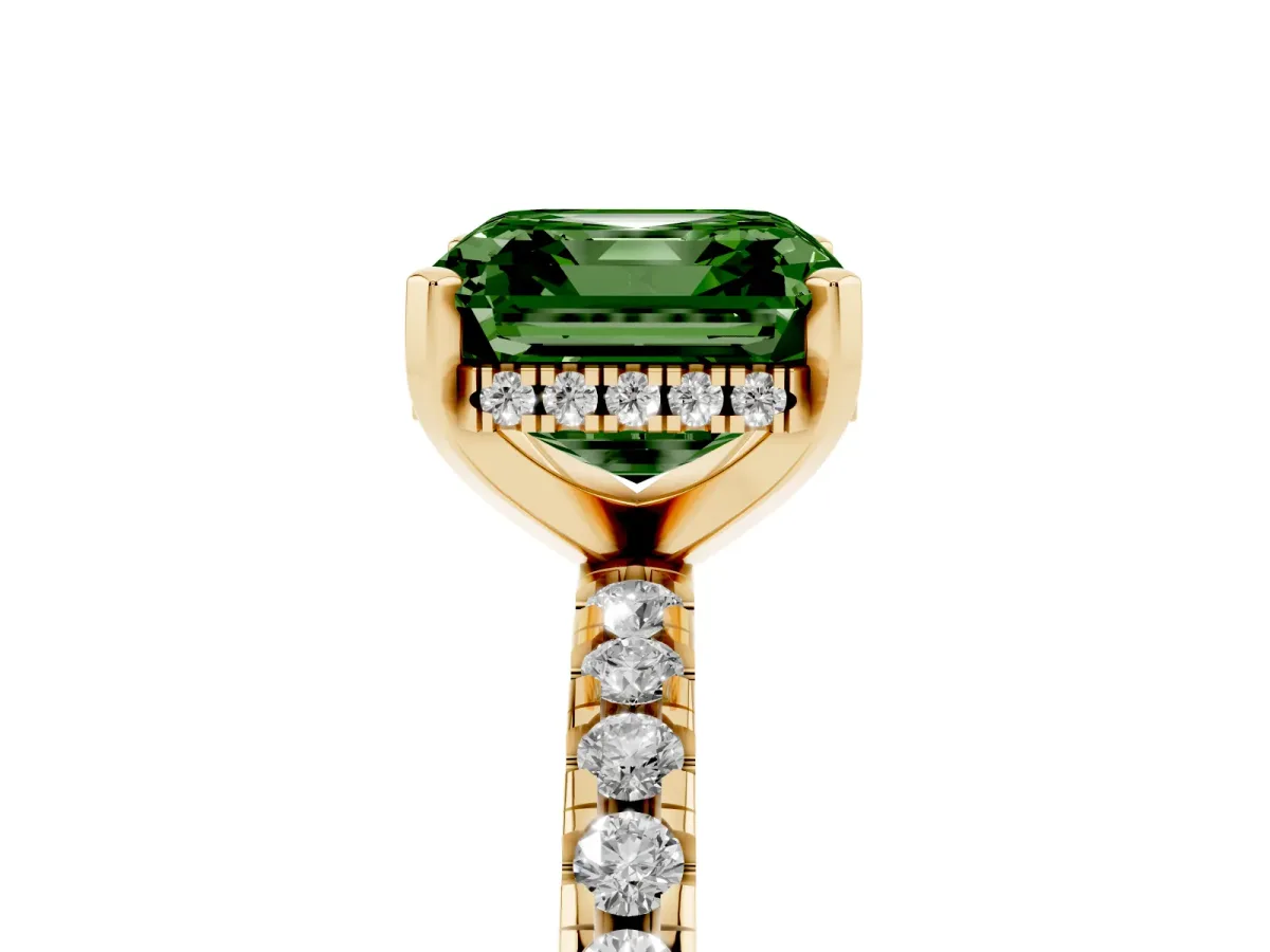 Fancy Green Asscher Cut Diamond Solitaire Ring with Round Pavé Band and Four-Prong Setting Yellow gold