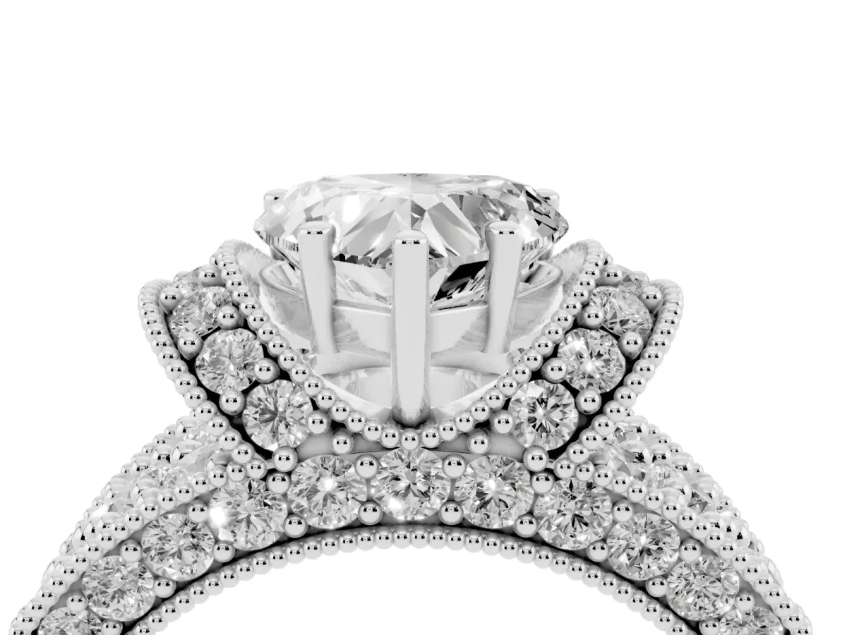Heart Cut Halo Pave Diamond Engagement Ring with Milgrain Detailing Silver