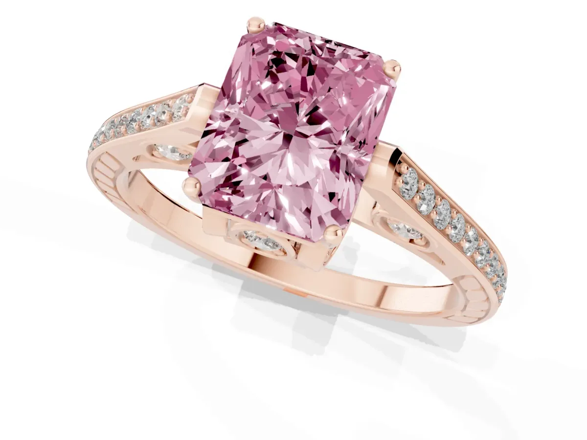 Fancy Pink Radiant Cut Cut Cathedral Pave Diamond Engagement Ring with Six-Prong Setting Rose gold