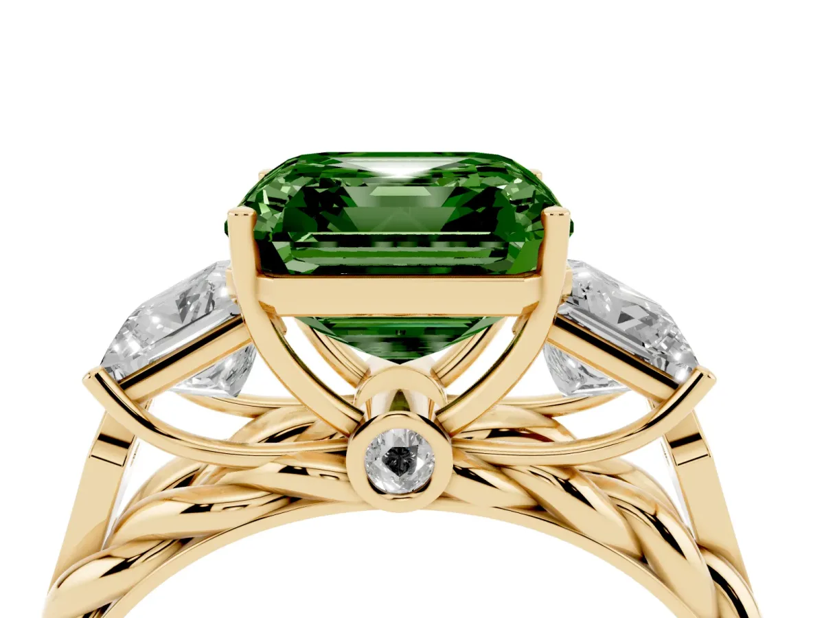 Fancy Green Three-Stone Asscher Cut Diamond Braided Band Ring with Four-Prong Setting Yellow gold