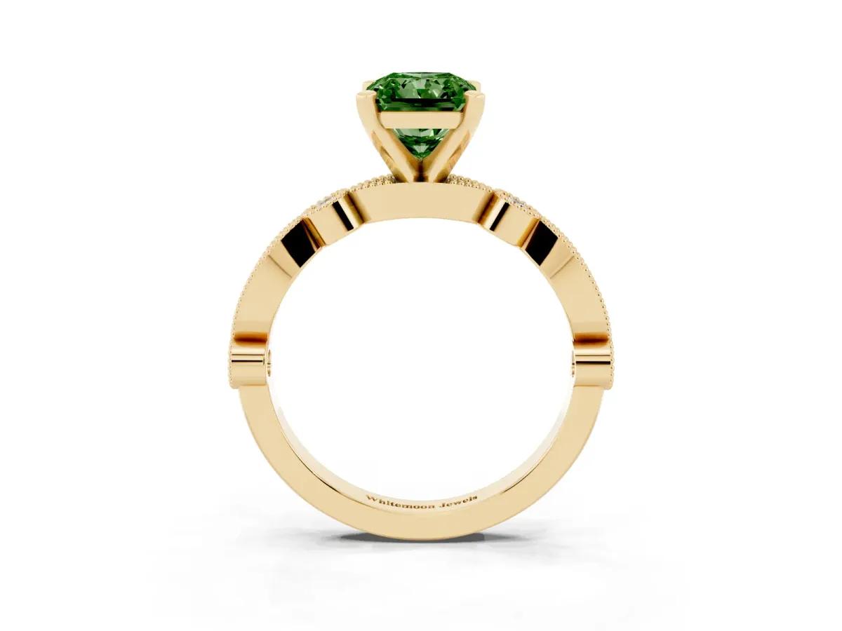 Fancy Green Radiant Cut Milgrain Bezel Diamond Engagement Ring with Solitaire Prong Setting Yellow gold