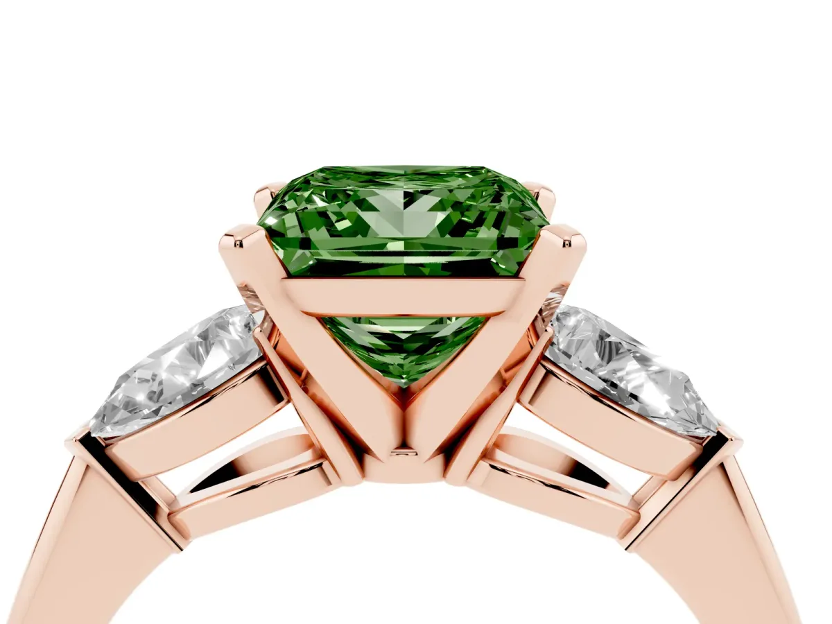 Fancy Green Three-Stone Princess Cut Diamond Ring with Pear Side Stones and Four-Prong Setting Rose gold