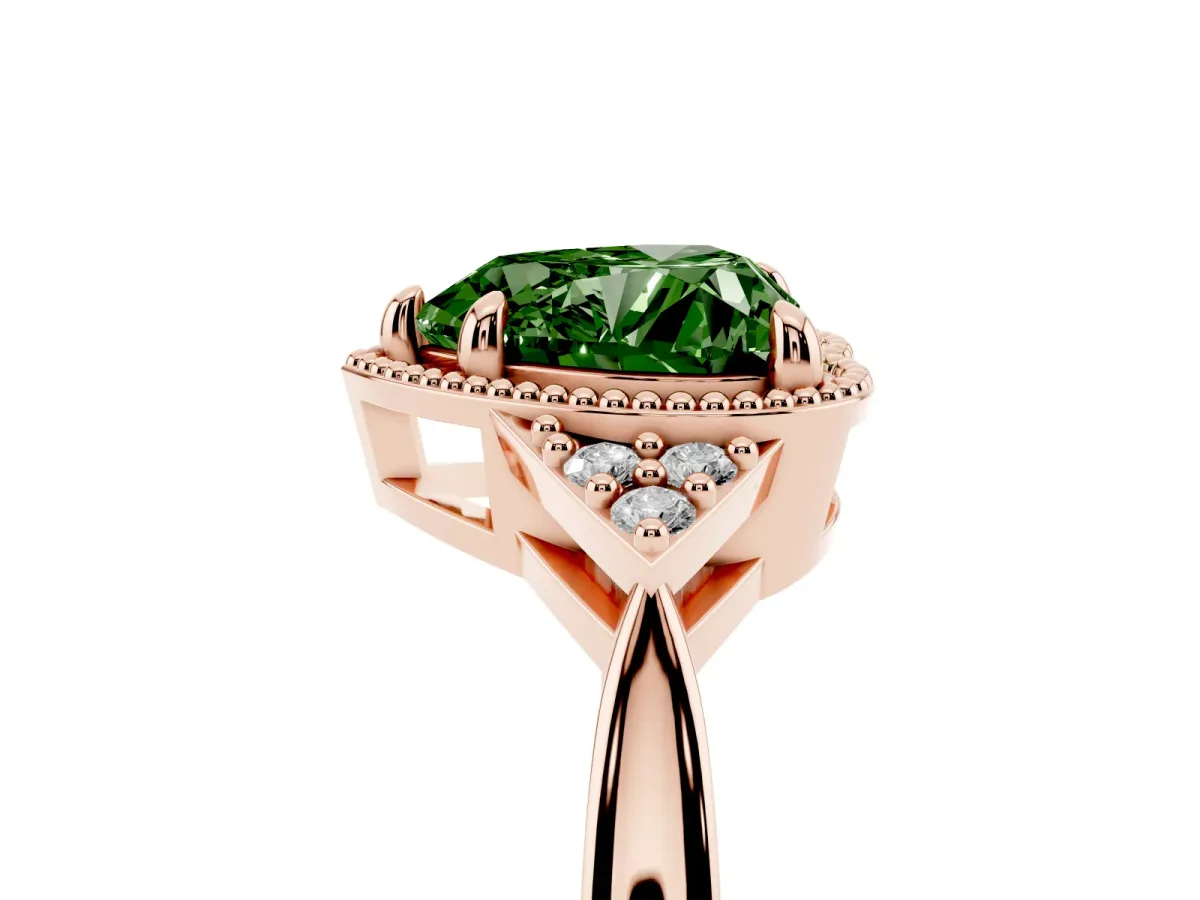 Fancy Green Milgrain Heart Cut Cut Diamond Ring with Tapered Pave Band and Four Prong Setting Rose gold