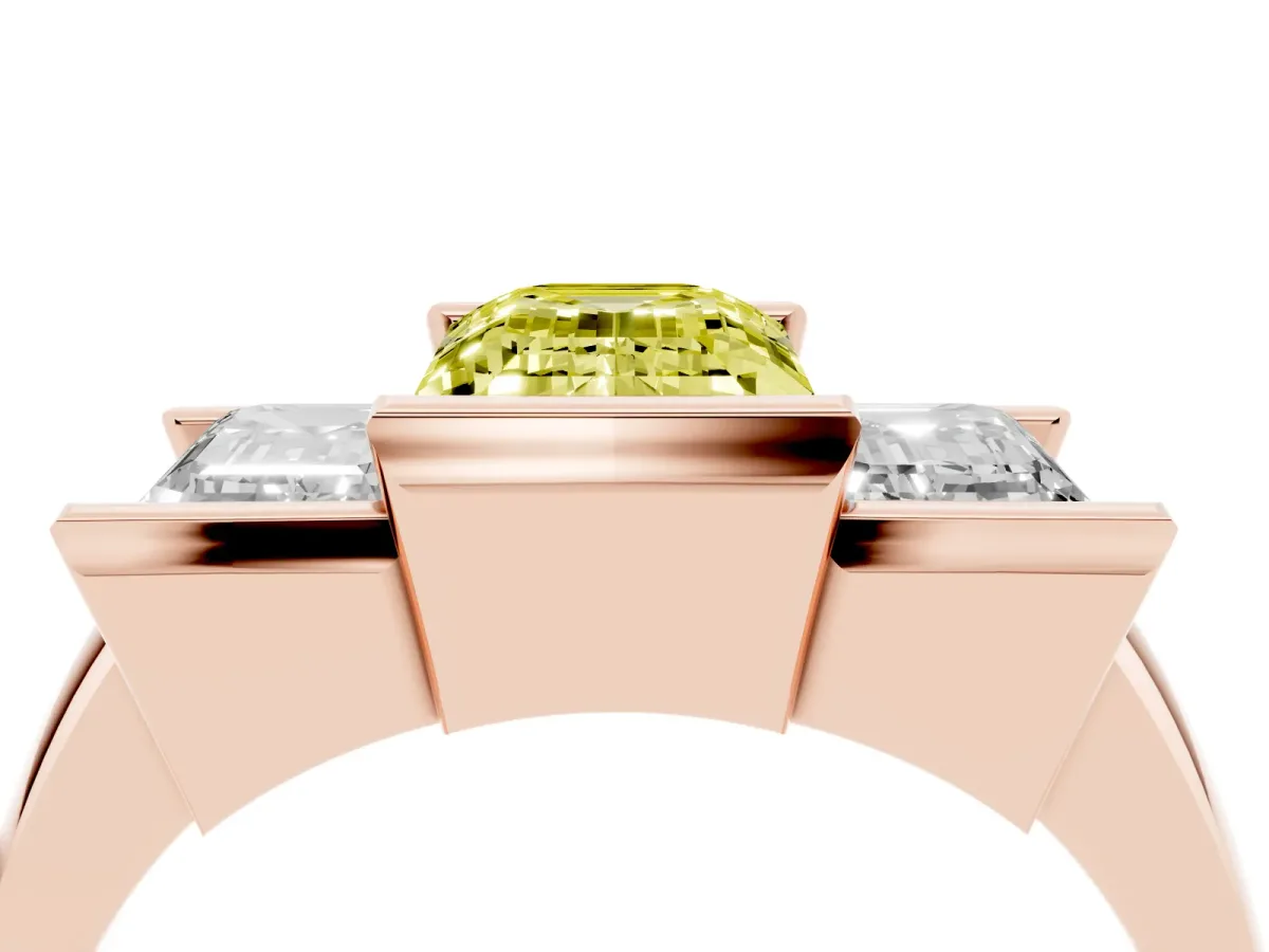 Fancy Yellow Three Stone Emerald Cut Cut Channel Set Diamond Ring Rose gold
