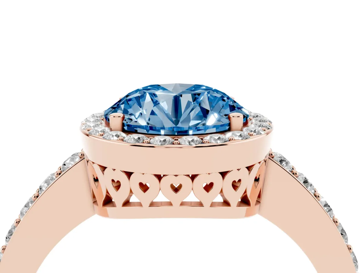 Fancy Blue Round Cut Halo Diamond Pavé Band Ring with Prong Setting Rose gold