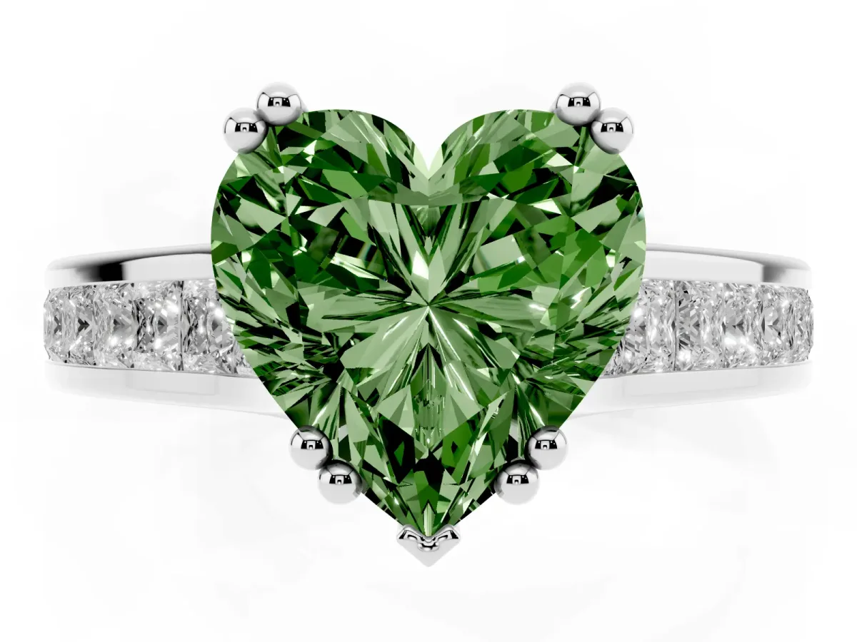 Fancy Green Heart Cut Cut Channel Set Solitaire Engagement Ring with Prong Setting Silver
