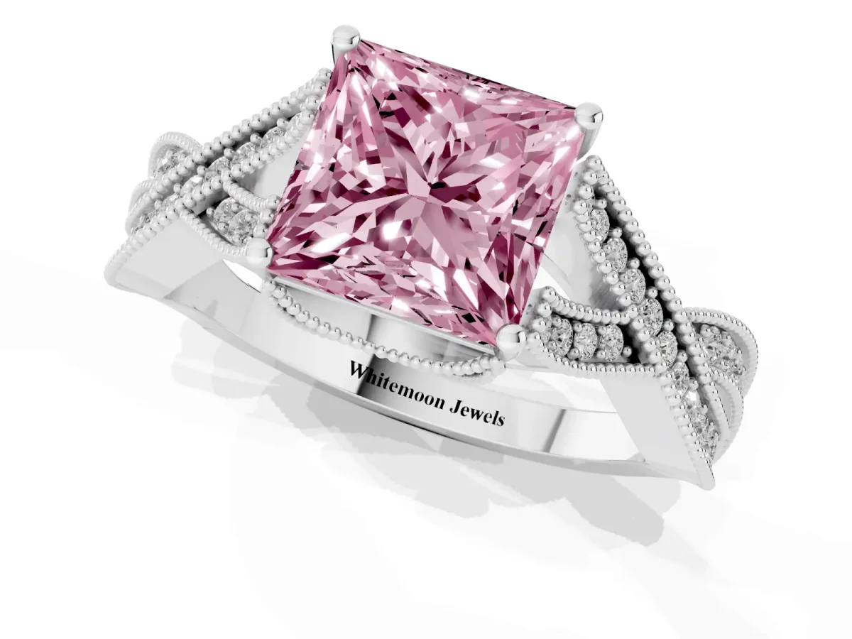 Fancy Pink Princess Cut Cut Diamond Twisted Band with Milgrain Pave Setting and Four-Prong Setting Platinum