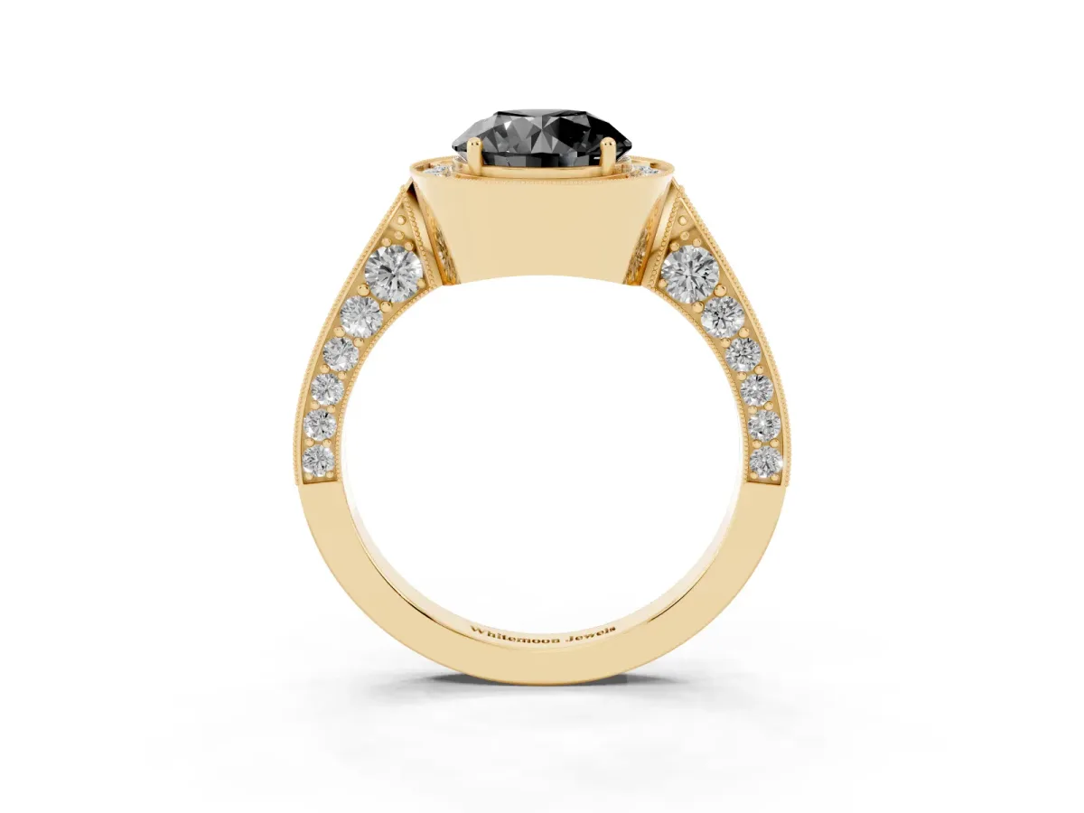 Fancy Black Round Cut Halo Diamond Engagement Ring with Split Shank Band and Four-Prong Setting Yellow gold
