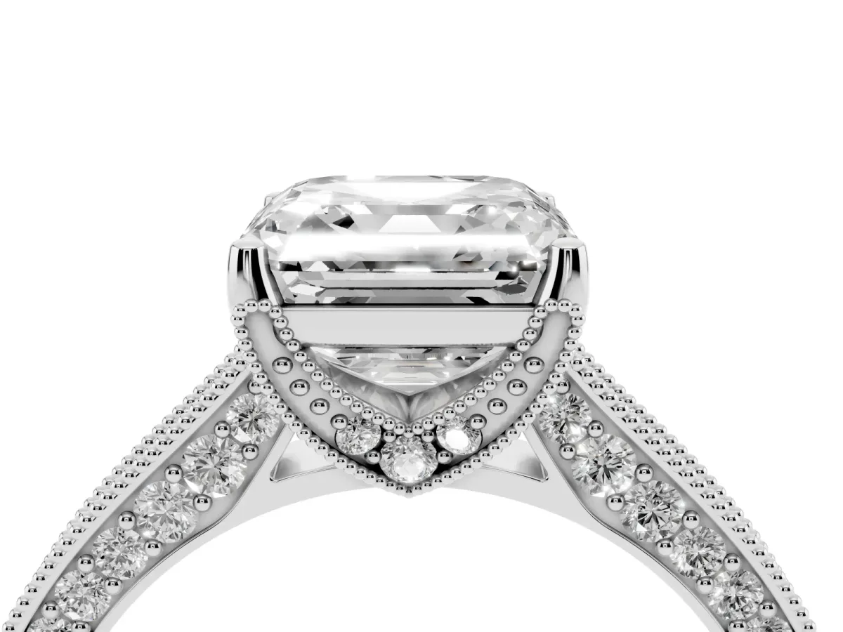Asscher Cut Cut Diamond Solitaire Ring with Milgrain Pave Band and Four Prong Setting White gold