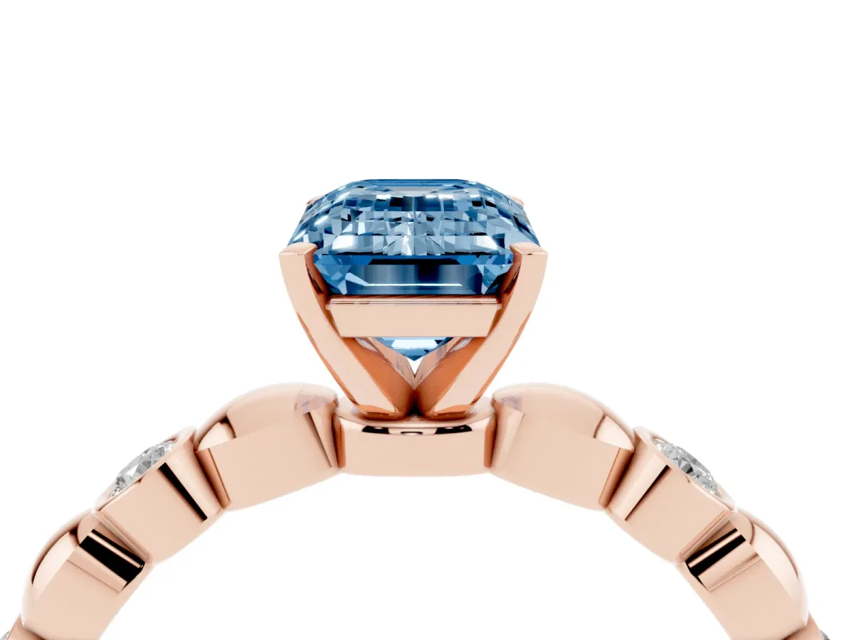 Fancy Blue Emerald Cut Solitaire Bezel-Set Diamond Ring with Beaded Band and Four-Prong Setting Rose gold