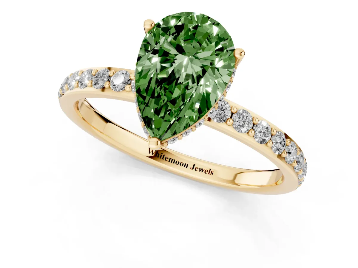 Fancy Green Pear Cut Diamond Solitaire Ring with Pavé Band and Hidden Halo Yellow gold