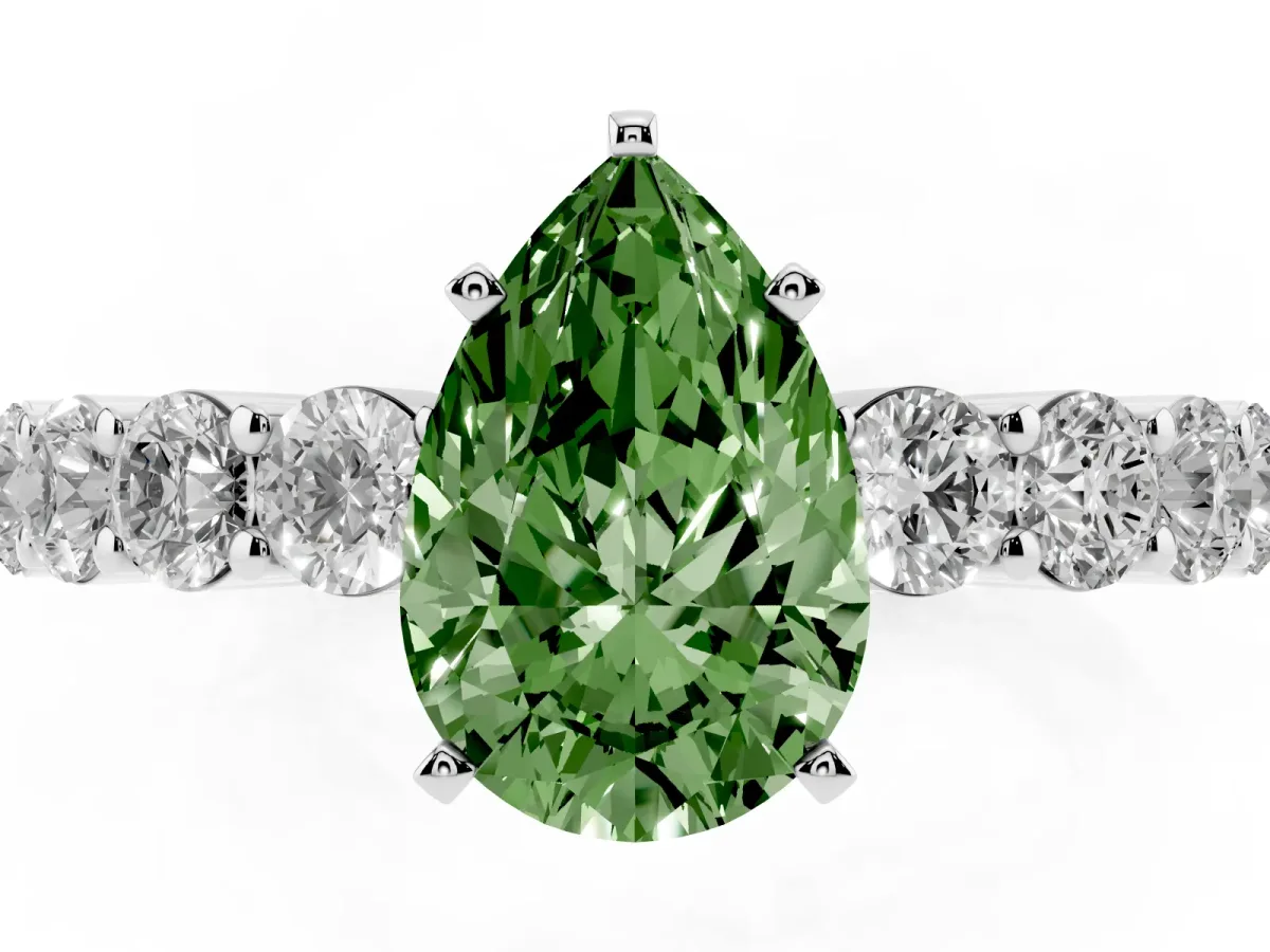 Fancy Green Pear Cut Diamond Solitaire Ring with Shared Prong Round Side Stones Silver