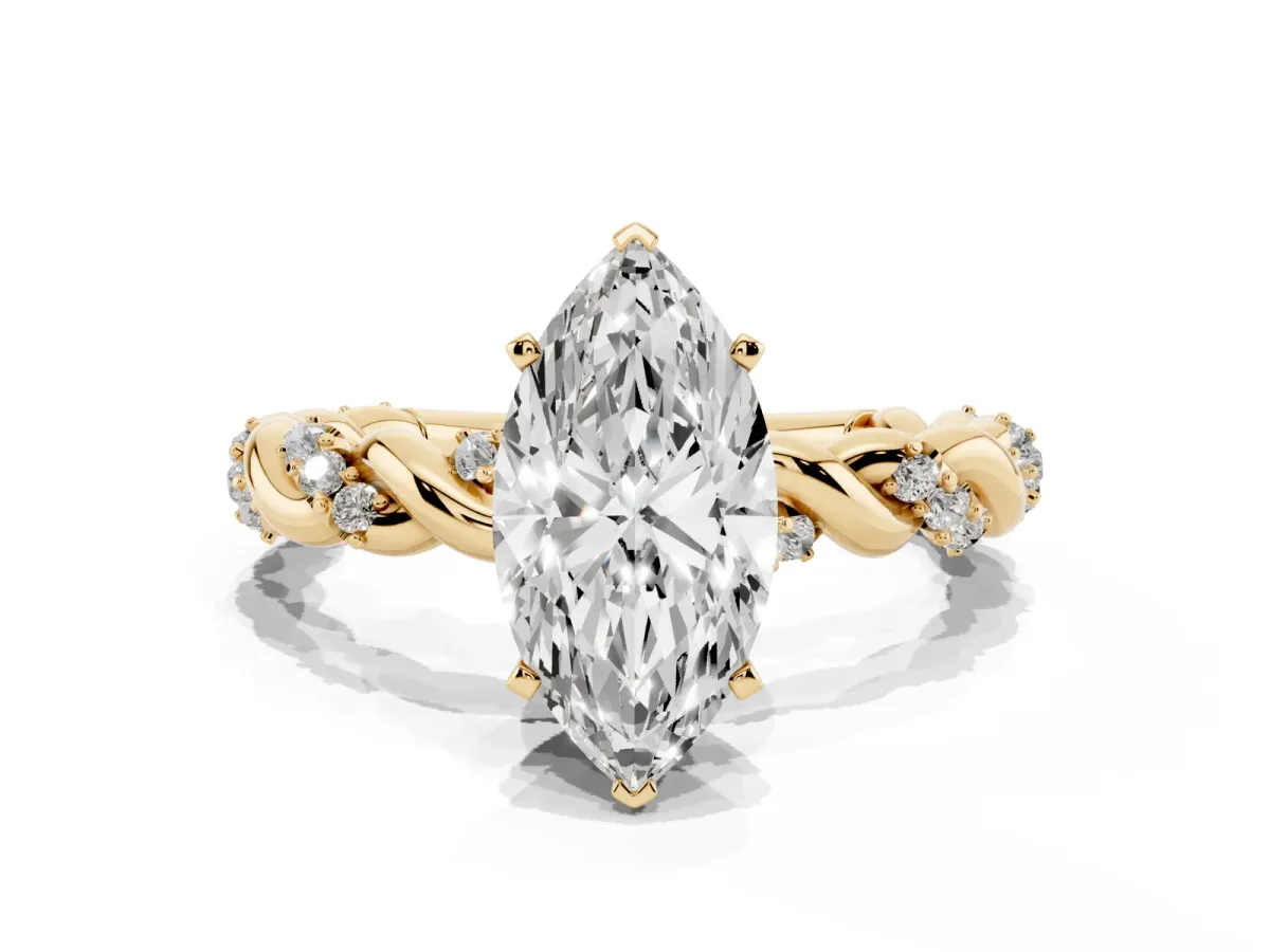Marquise Cut Diamond Solitaire Ring with Twisted Band and Pavé Accents Yellow gold