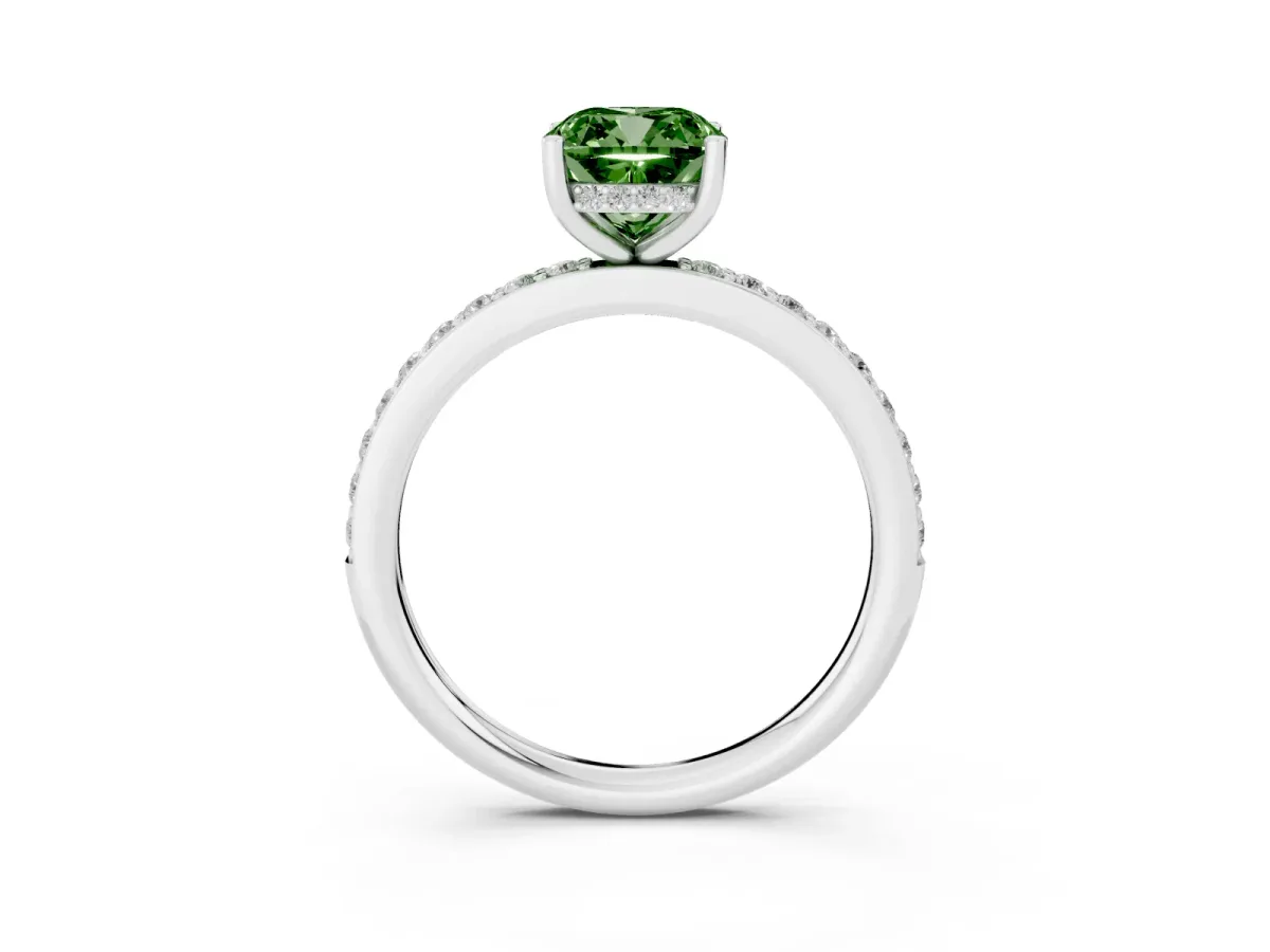 Fancy Green Cushion Cut Cut Diamond Pavé Band Ring with Four-Prong Setting Silver