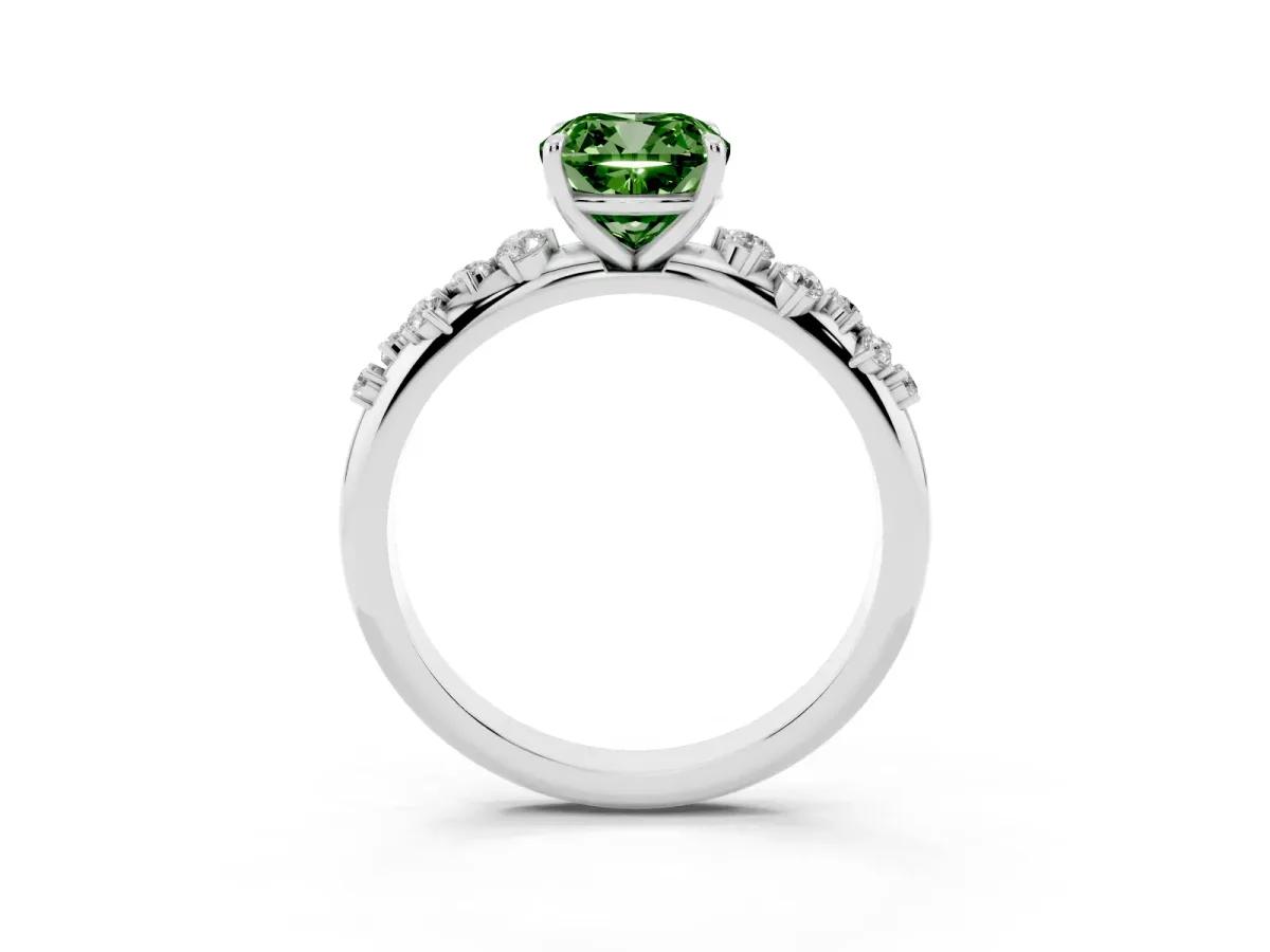 Fancy Green Cushion Cut Diamond Cluster Prong-Set Solitaire Ring Silver