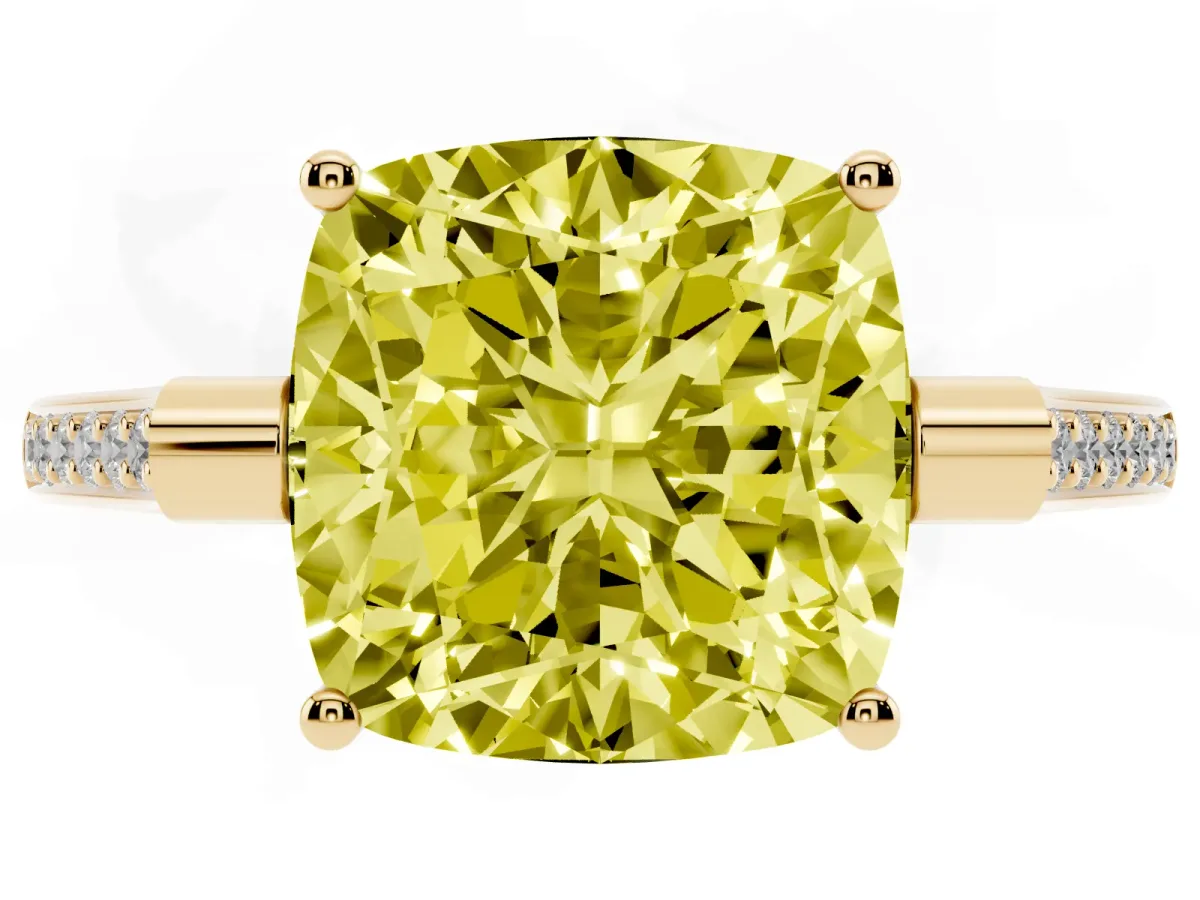 Fancy Yellow Cushion Cut Solitaire Diamond Ring with Channel Set Band and Bezel Prong Setting Yellow gold