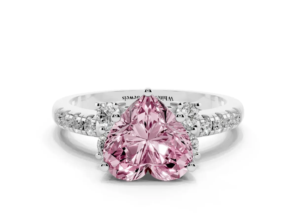 Fancy Pink Heart Cut Diamond Three-Stone Pave Band with Four-Prong Setting Silver