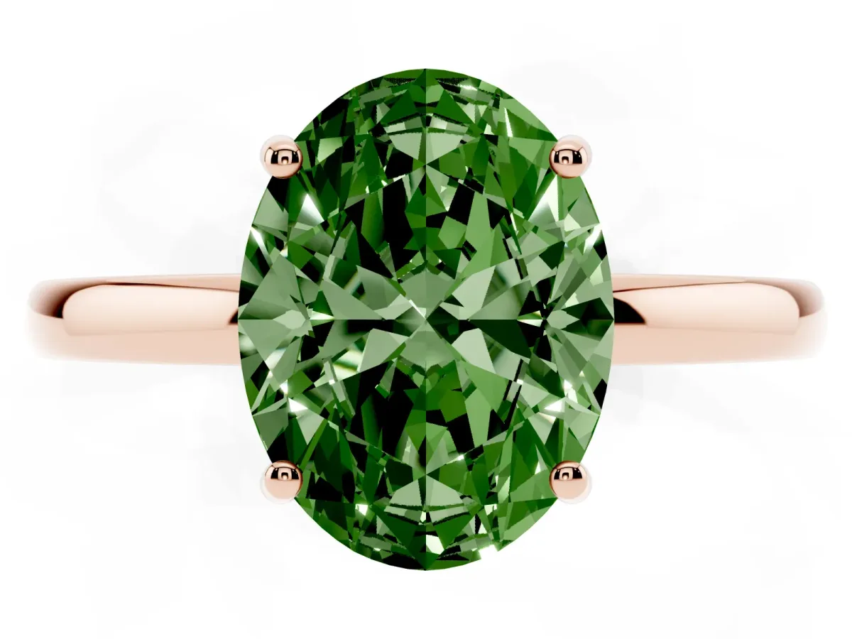 Fancy Green Oval Cut Solitaire Diamond Ring with Prong Setting and Plain Band Rose gold