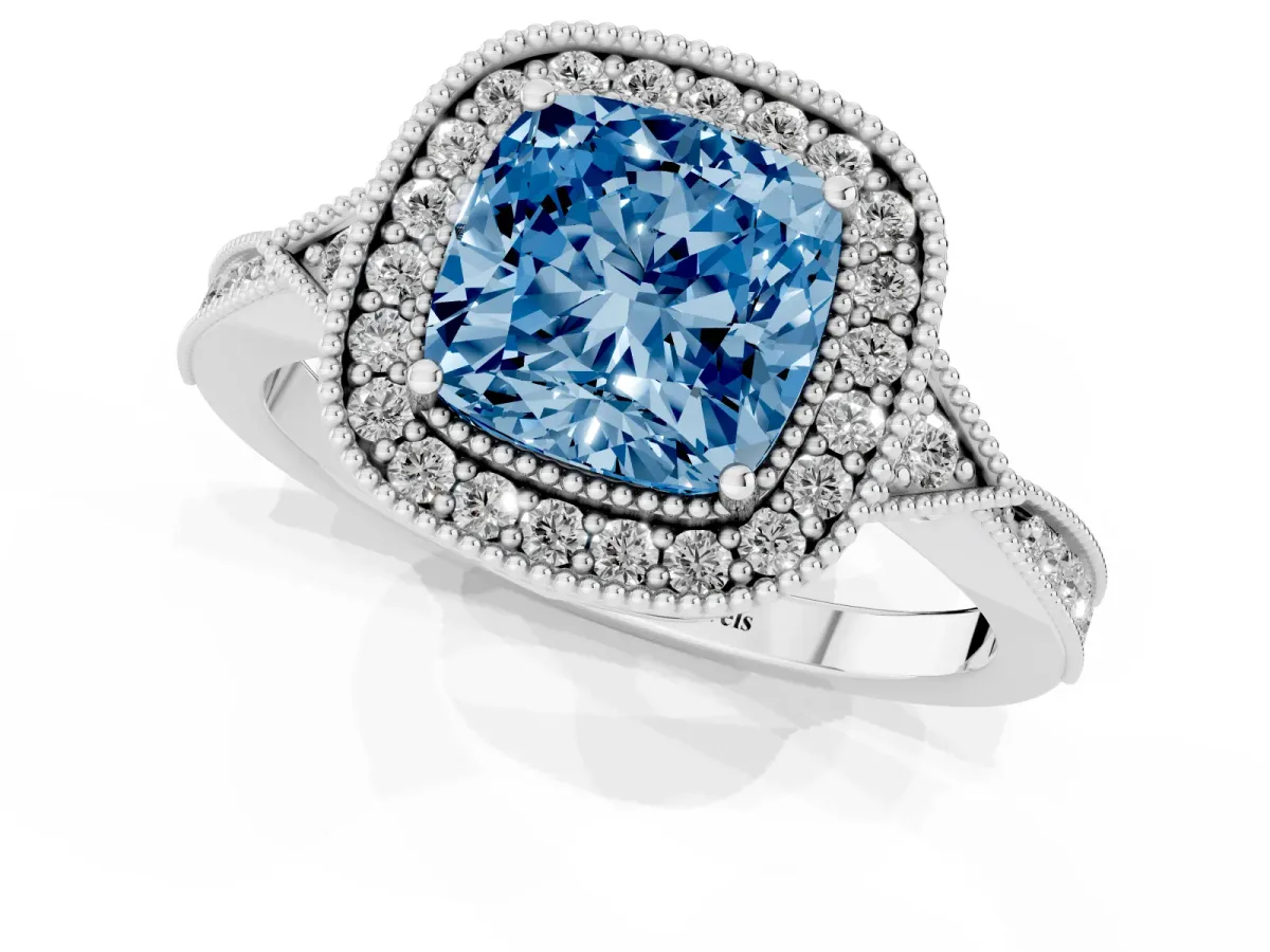 Fancy Blue Cushion Cut Halo Round Diamond Milgrain Pave Engagement Ring Platinum