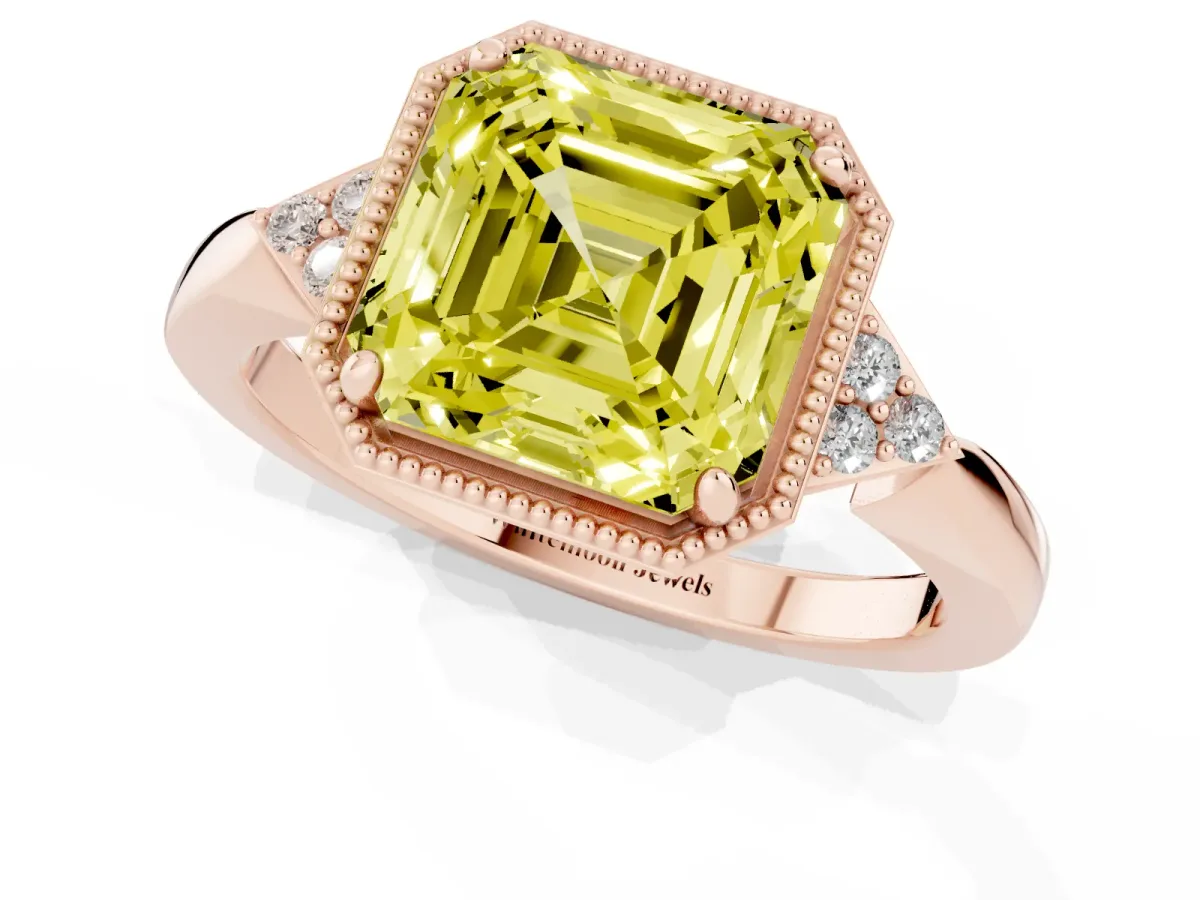 Fancy Yellow Asscher Cut Diamond Halo Ring with Tapered Band and Four-Prong Setting Rose gold