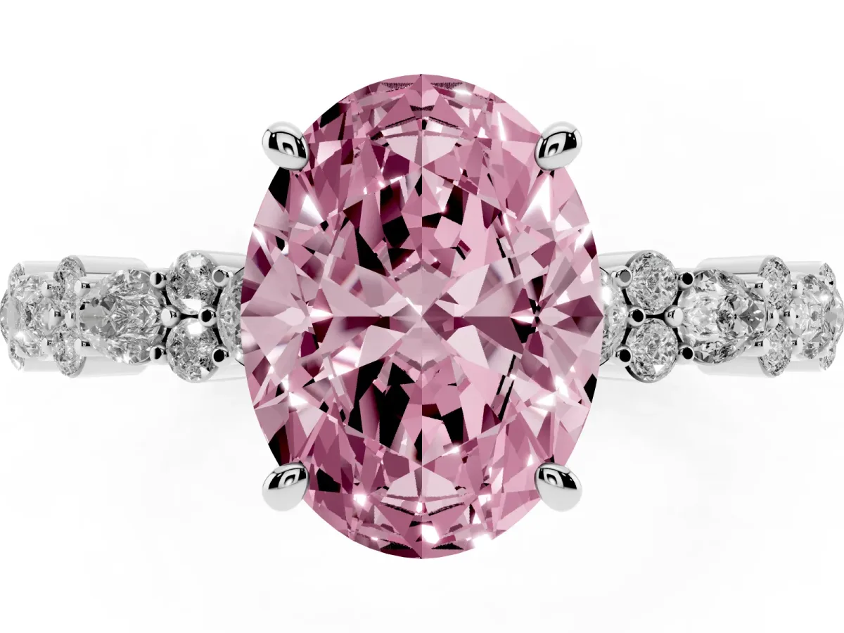 Fancy Pink Oval Cut Diamond Side Stone Solitaire Ring with Round and Four-Prong Setting Platinum