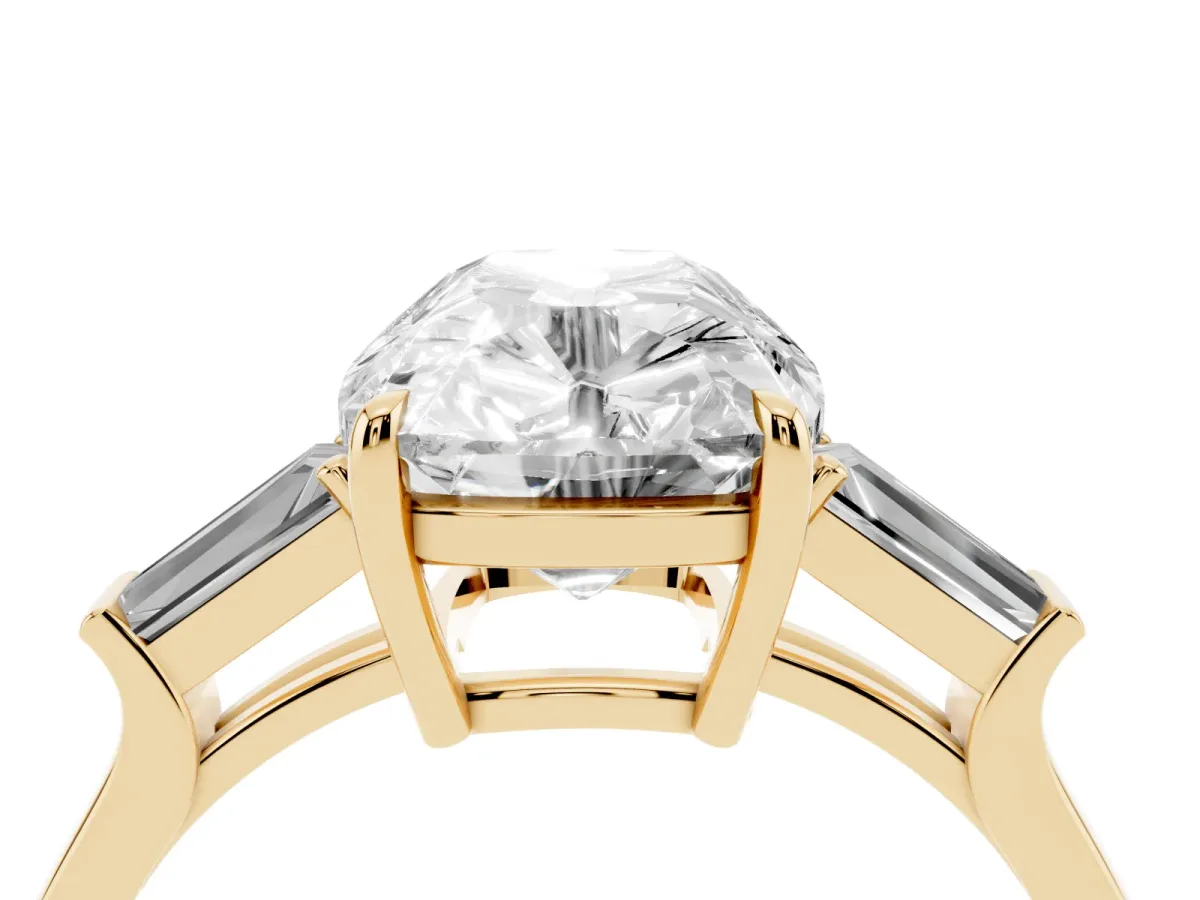 Old Mine Elongated Cushion Diamond with Side Tapered Baguette Three Stone Ring Yellow gold