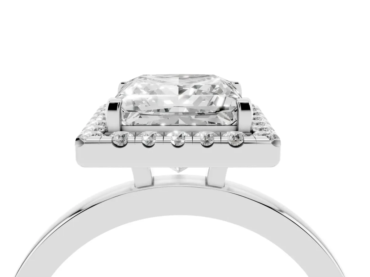 Princess Cut Halo Diamond Solitaire with Pavé Band and Four-Prong Setting Platinum