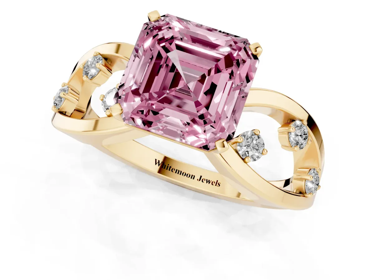 Fancy Pink Asscher Cut Cut Solitaire Diamond with Side Stones on Criss-Cross Band and Four-Prong Setting Yellow gold