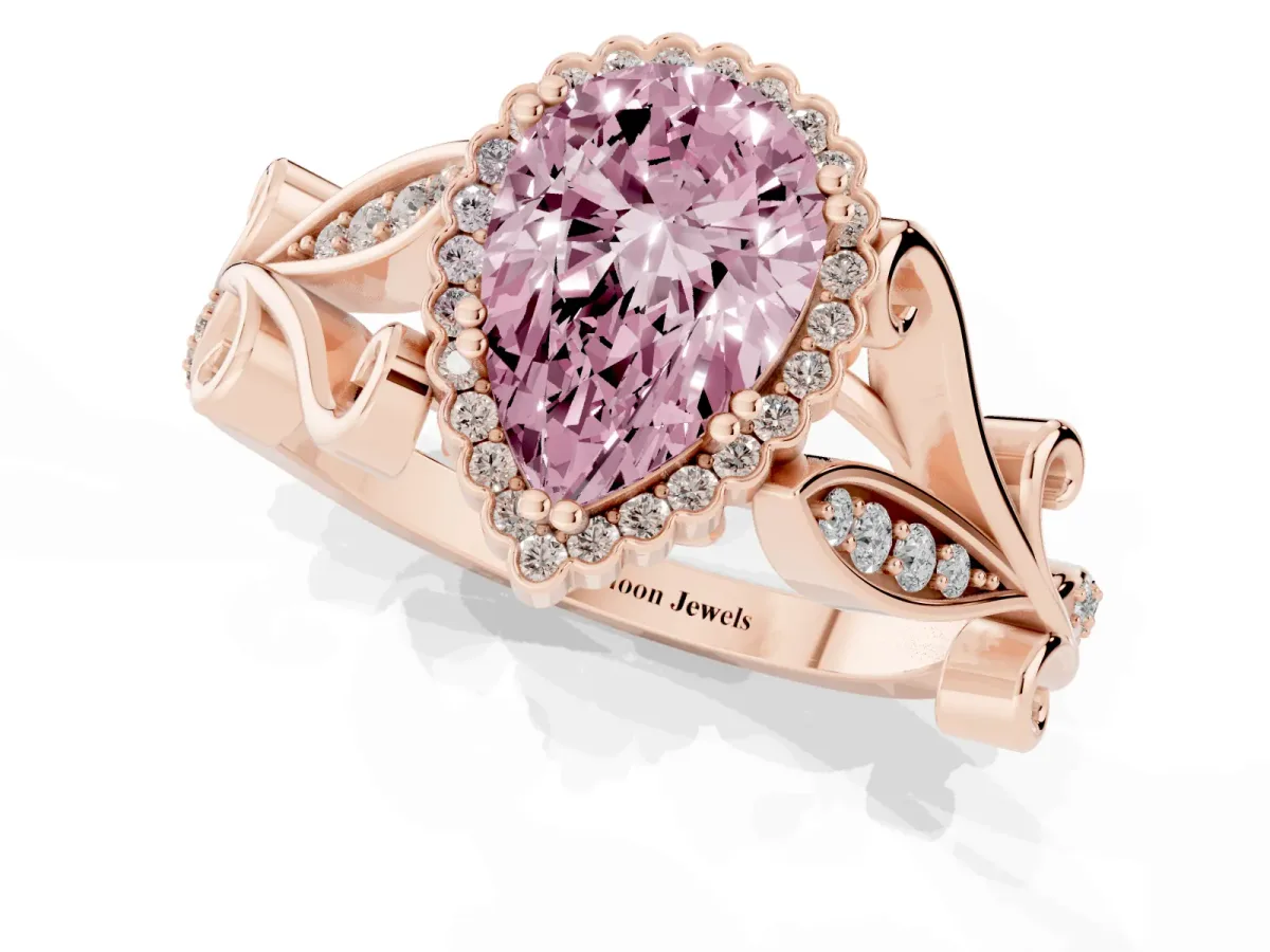 Fancy Pink Pear Cut Diamond Halo Ring with Vintage Split Shank and Four-Prong Setting Rose gold