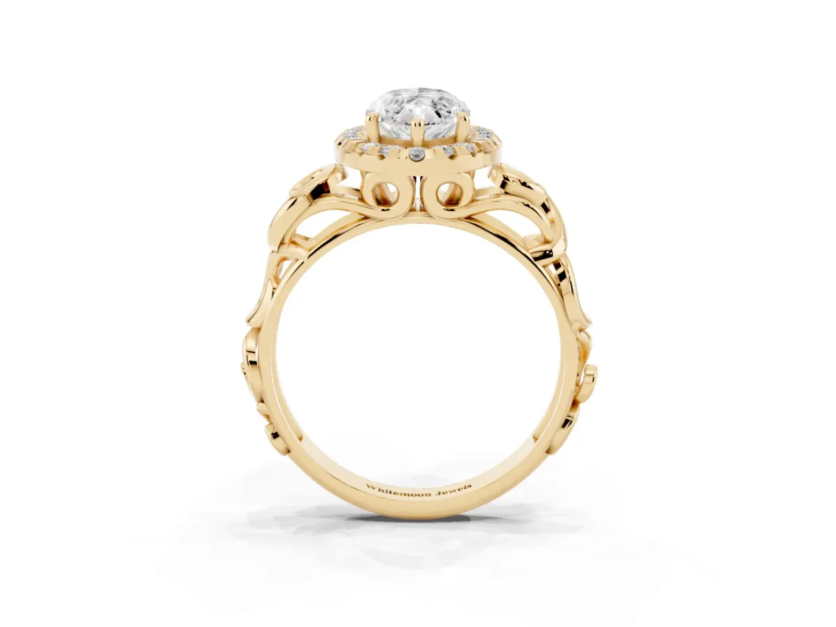 Marquise Cut Cut Halo Diamond Ring with Scrollwork Band and Four-Prong Setting Yellow gold
