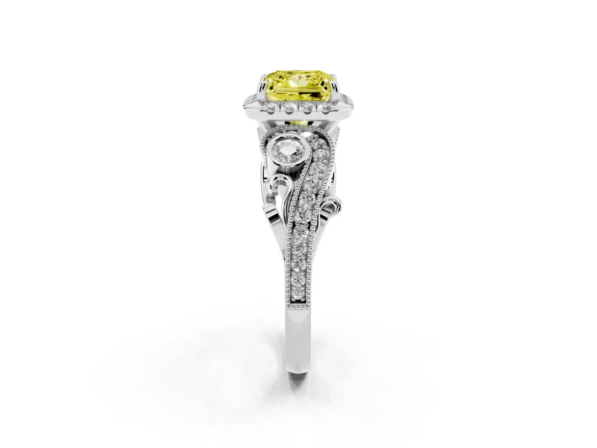 Fancy Yellow Princess Cut Diamond Halo Ring with Milgrain Pavé Band and Four-Prong Setting Silver