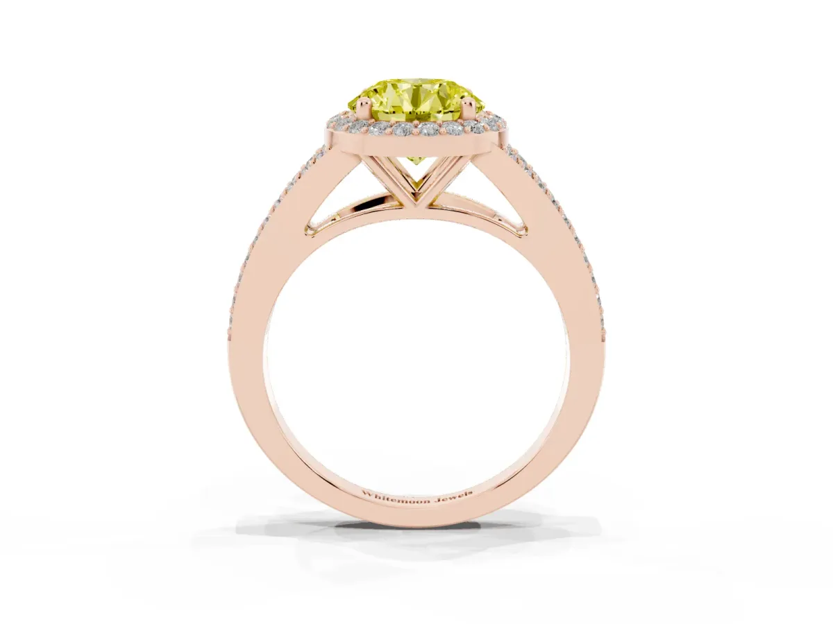 Fancy Yellow Round Cut Halo Split Shank Pave Diamond Ring with Four-Prong Setting Rose gold