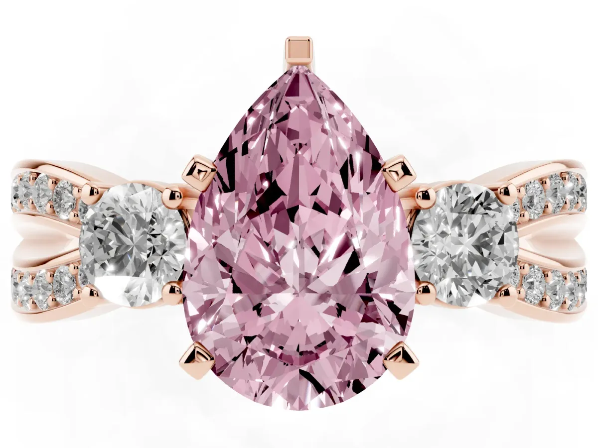 Fancy Pink Three-Stone Pear Cut Cut Diamond Twist Band with Prong Setting Rose gold