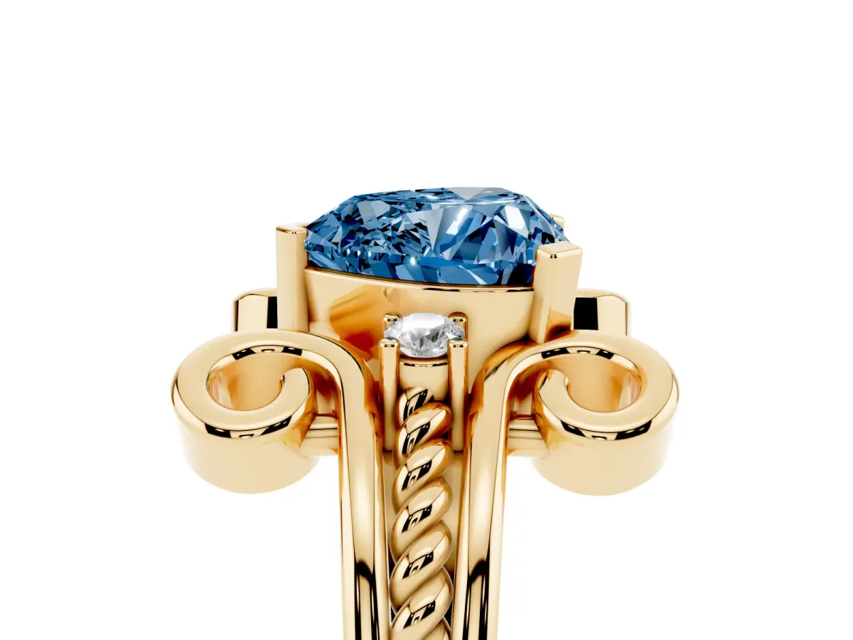 Fancy Blue Heart Cut Solitaire Twisted Band Scroll Prong Ring Yellow gold