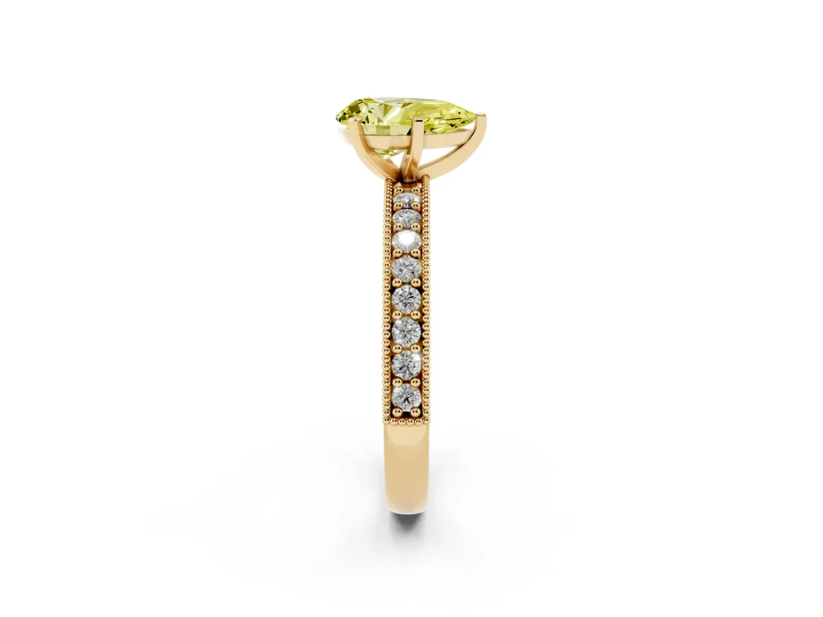Fancy Yellow Pear Cut Diamond Milgrain Pavé Engagement Ring with Four-Prong Setting Yellow gold