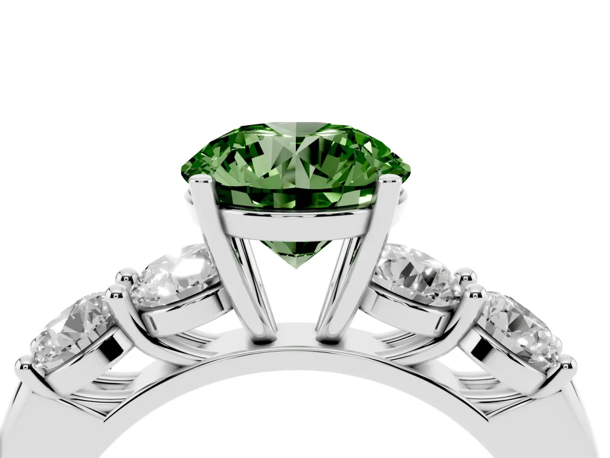 Fancy Green Round Cut Cut Five-Stone Prong Set Diamond Ring with Classic Band Platinum