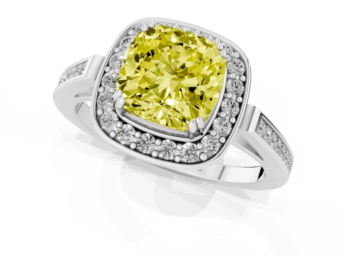 Fancy Yellow Cushion Cut Diamond Halo Ring with Split Shank and Four-Prong Setting Platinum