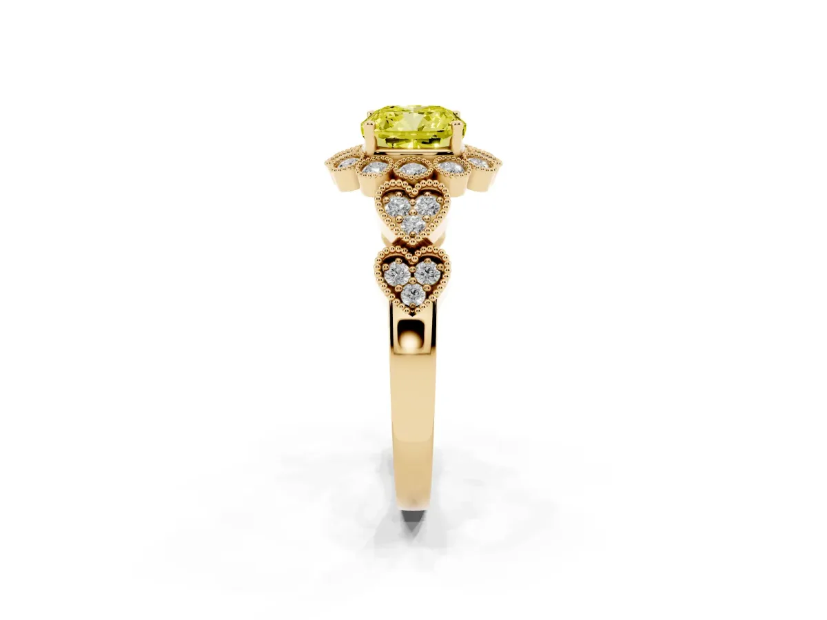 Fancy Yellow Cushion Cut Brilliant Milgrain Pave Heart Band Solitaire Ring Yellow gold