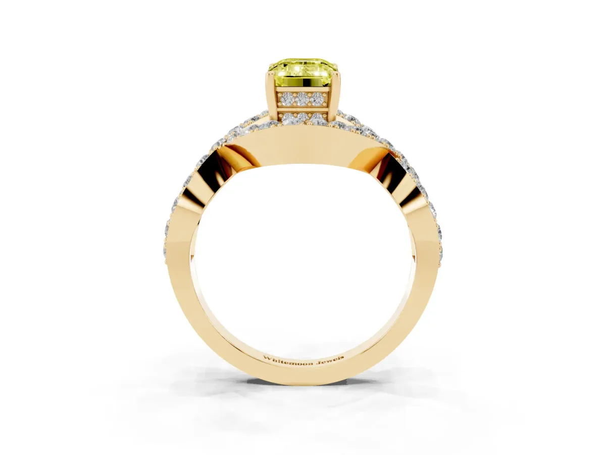 Fancy Yellow Emerald Cut Solitaire Twist Band Pavé Diamond Engagement Ring Yellow gold
