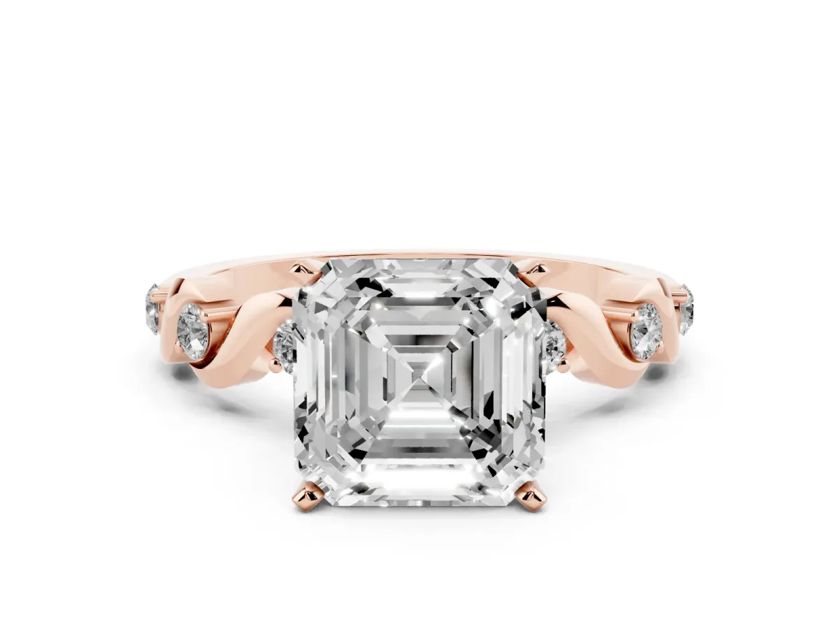 Asscher Cut Diamond Solitaire Twisted Band with Round Accents and Prong Setting Rose gold
