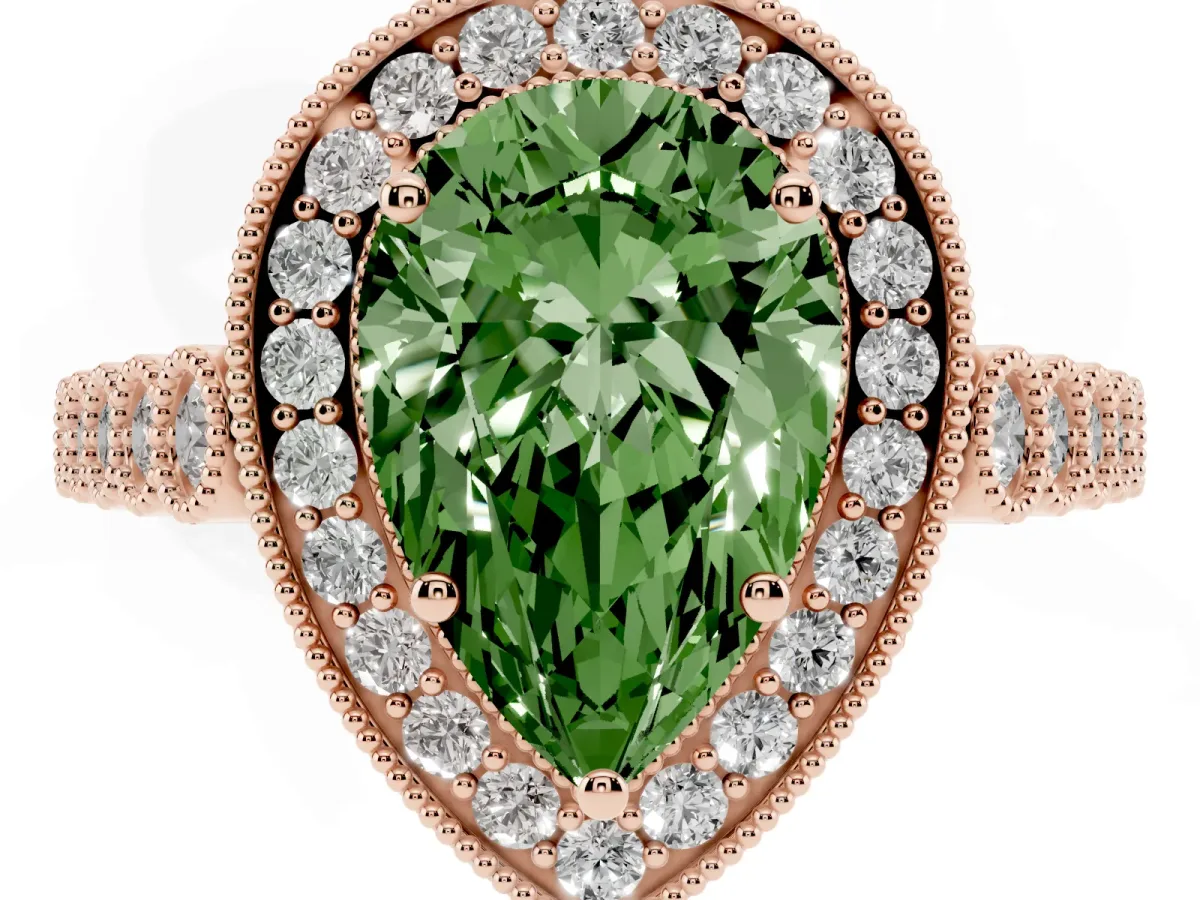 Fancy Green Pear Cut Halo Twist Band Solitaire Ring with Six-Prong Setting Rose gold