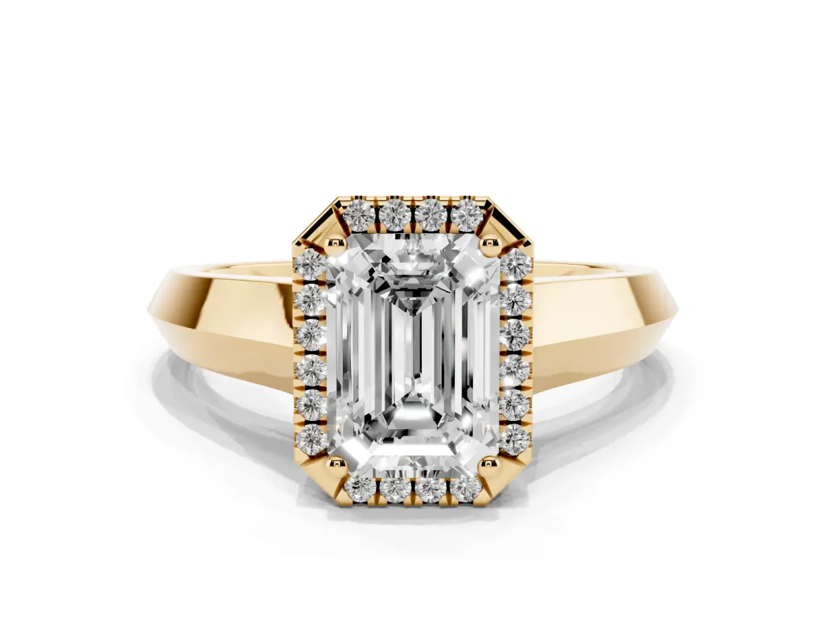 Emerald Cut Halo Diamond Ring with Cathedral Band and Four-Prong Setting Yellow gold