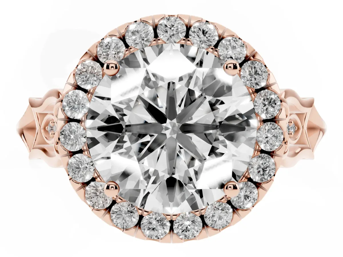 Round Cut Halo Diamond Engagement Ring with Filigree Band and Four-Prong Setting Rose gold