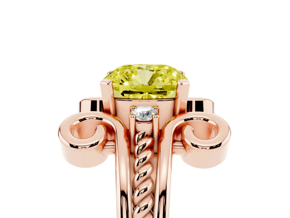 Fancy Yellow Cushion Cut Solitaire Twisted Band Scroll Prong Ring Rose gold