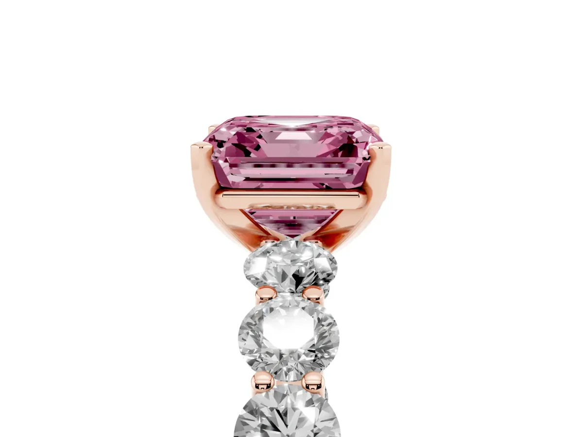 Fancy Pink Asscher Cut Diamond Prong Setting with Side Stones on a Pave Band Rose gold