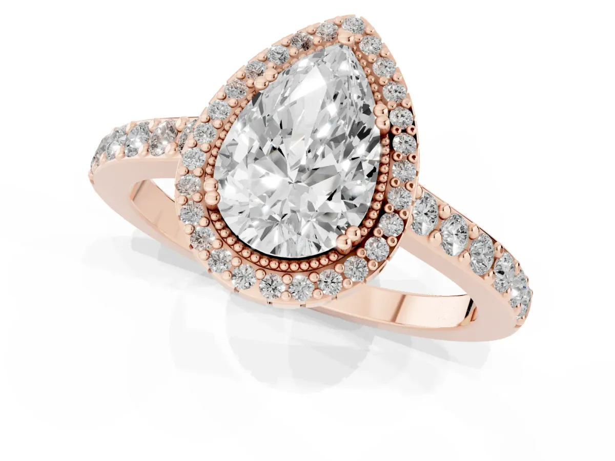 Pear Cut Cut Diamond Halo Engagement Ring with Milgrain Detail and Pavé Band Rose gold